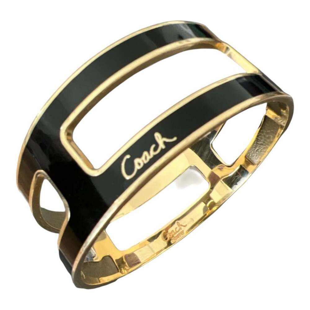 COACH Black Enamel Cutout Logo Slip-On Bangle Bracelet Gold Tone Wrist Size: S/M